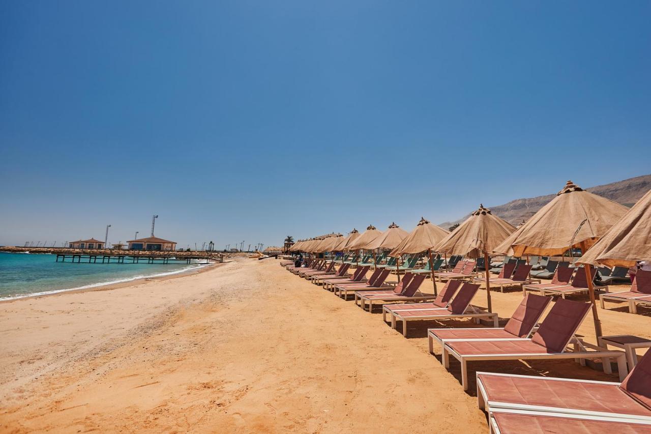 Tolip Resort El Galala Majestic Ain Suchna Exterior foto The photo shows a scenic beach with a stretch of golden sand under a clear blue sky. There are several beach loungers arranged in rows, each accompanied by thatched umbrellas providing shade. In the background, there is a wooden pier extending into t